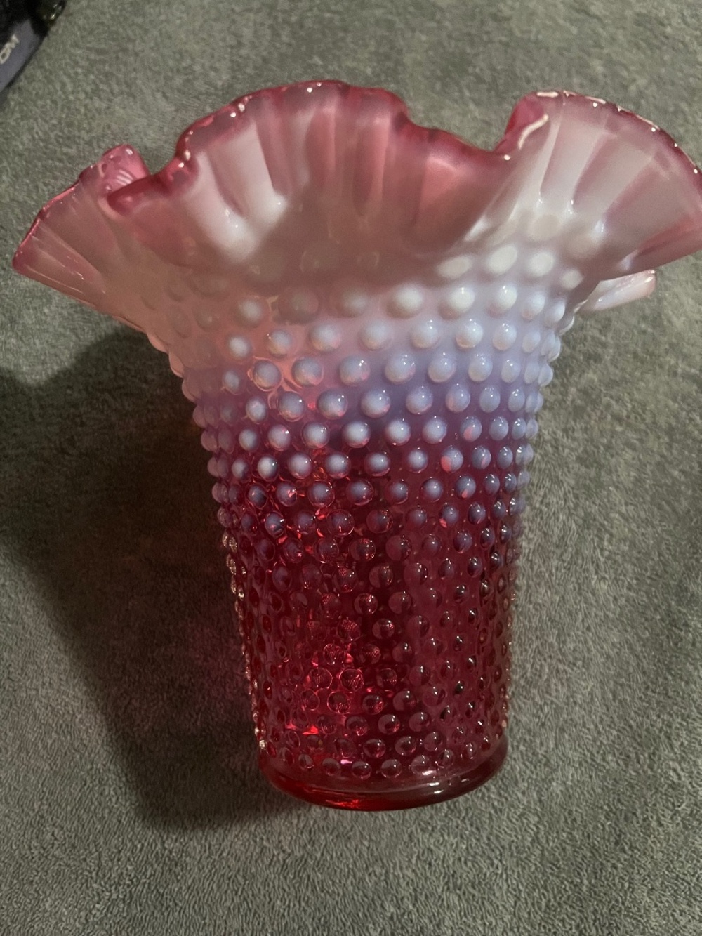 Vintage Fenton Cranberry Opalescent Hobnail Ruffled Vase